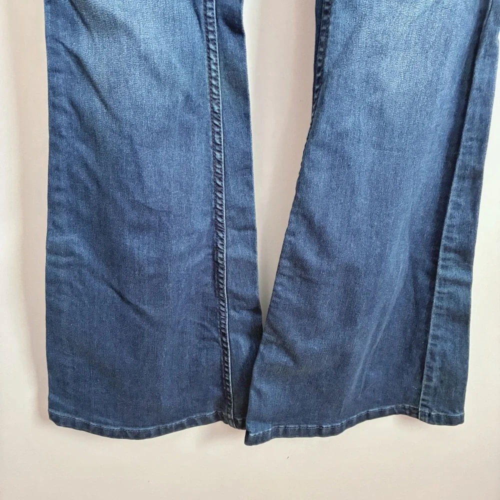 Free People Penny Pull On Jeans blue denim faded flare wide leg stretchy